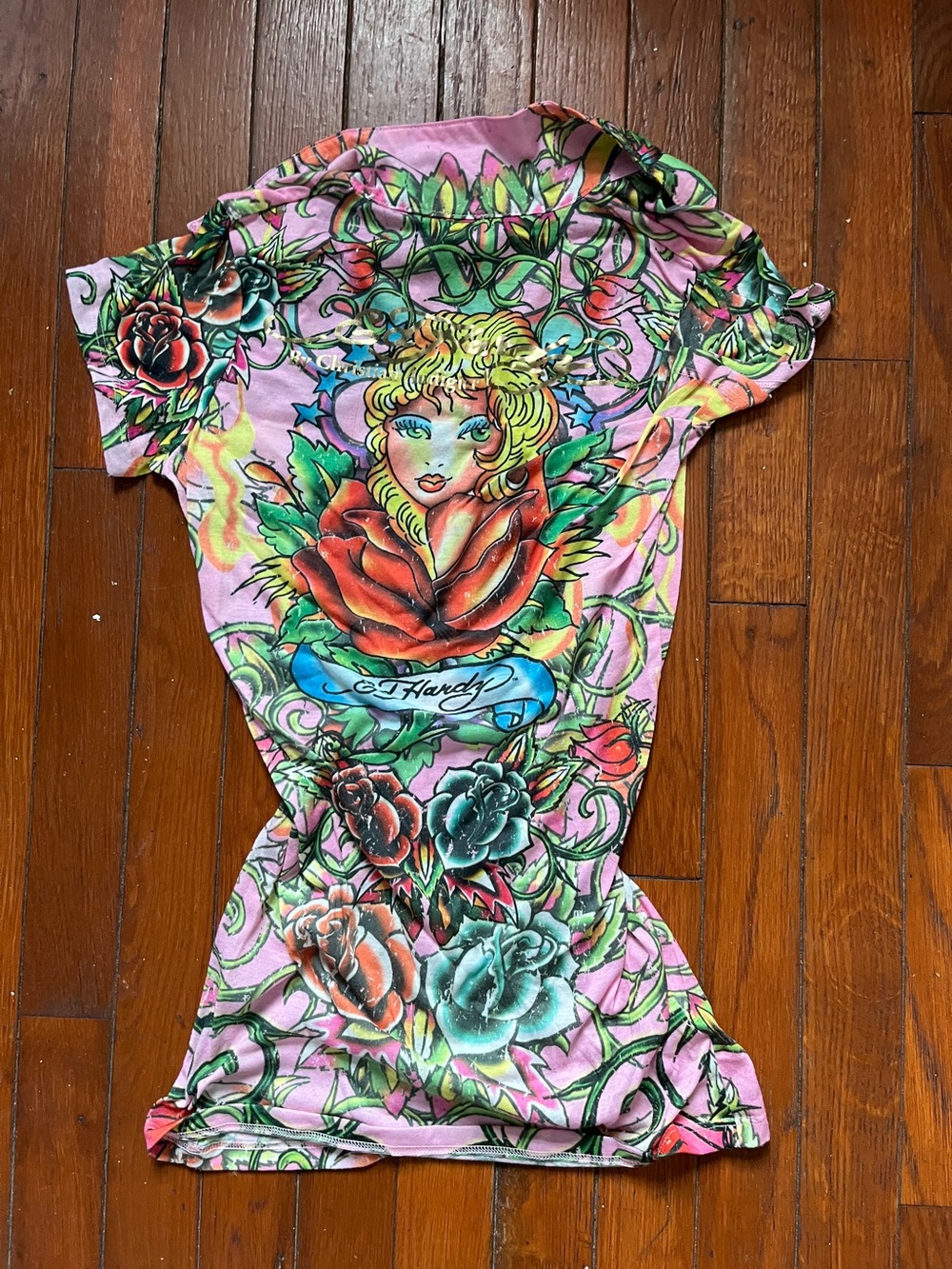 Ed Hardy Pink Floral Tattoo Graphic Tee with Multicolor Roses